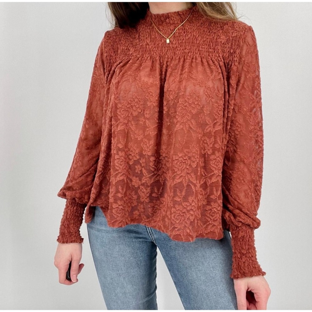 Anthropologie Deletta Amanna Lace Peasant Blouse Floral in Rust Orange Medium